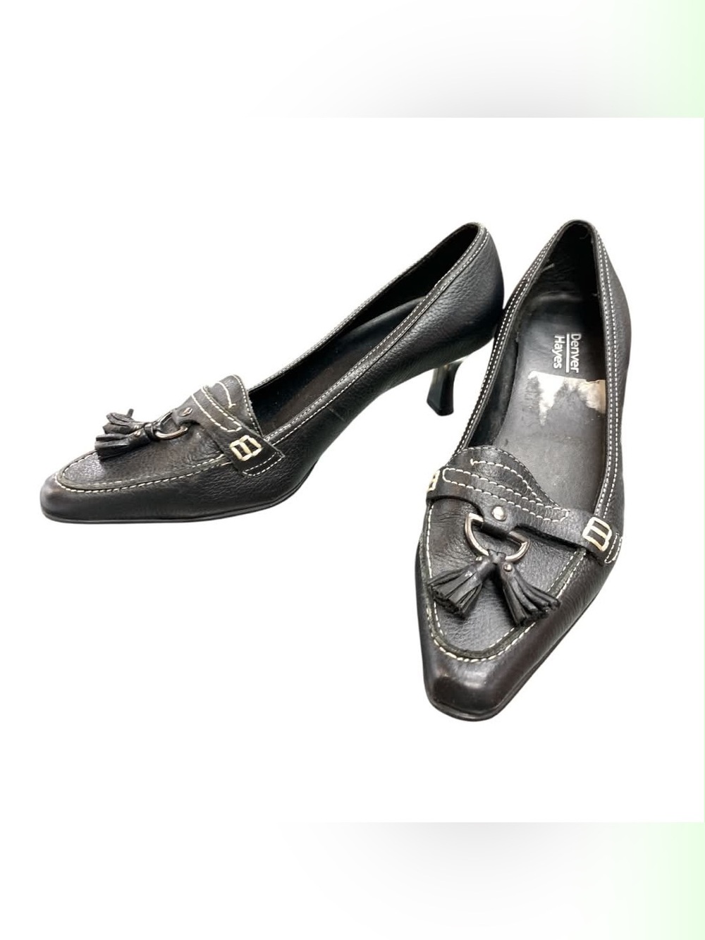 Denver Hayes Black Leather Tassel Kitten Heel Pumps S6